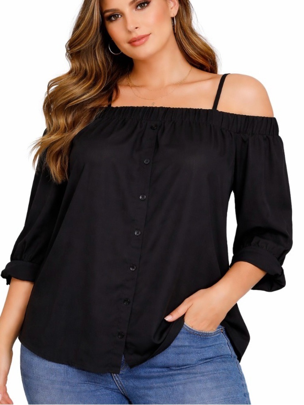NEW IZ Byer black off the shoulder 3/4 sleeve tie sleeve blouse SZ SM flowy